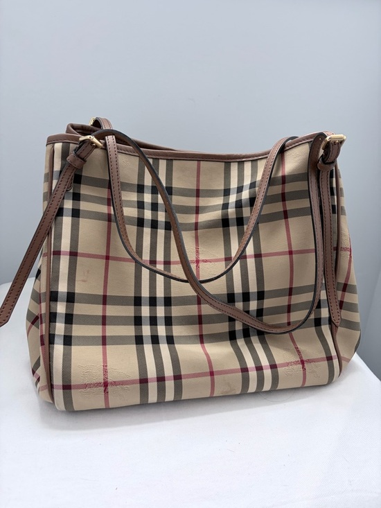 Burberry Handbags - Burberry Beige Plaid Shoulder Bag with Brown Leather Straps